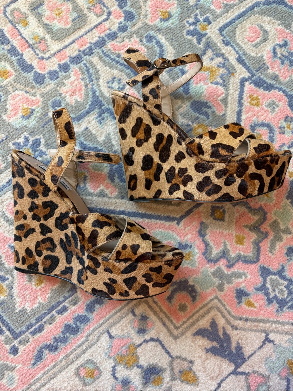 Y2K Steve Madden Leopard Platform Wedge Sandals - Tan and Black